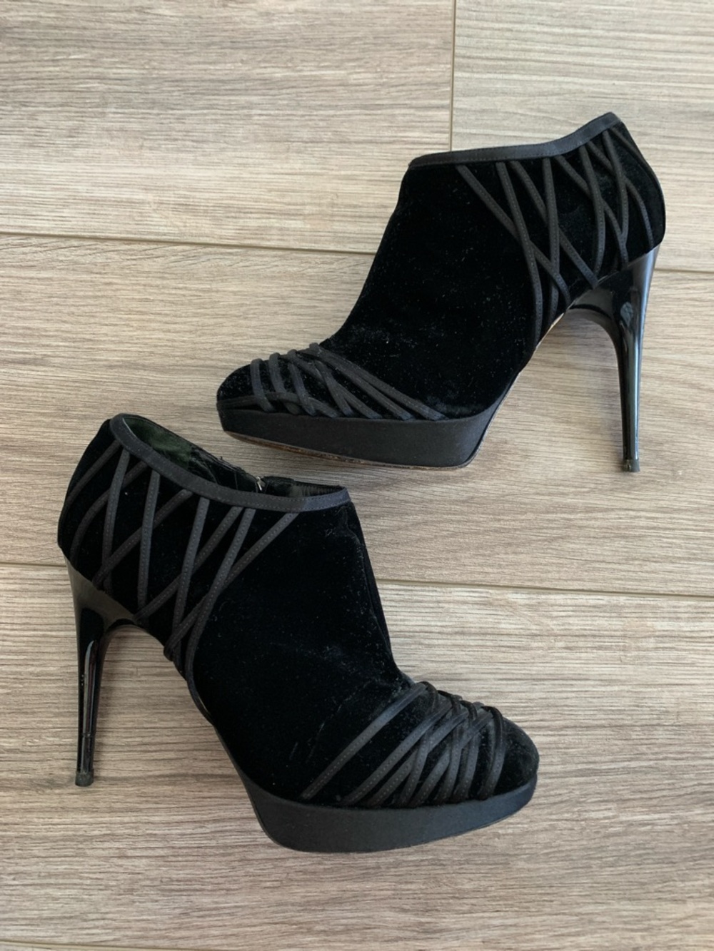 Christian Dior Black Velvet Platform Stiletto Booties - ready for a good home